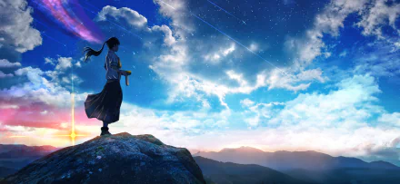 HD anime desktop wallpaper featuring Suzume Iwato from Suzume no Tojimari standing on a rock against a vivid sky with clouds, stars, and shooting stars.