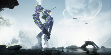 Anime Neon Genesis Evangelion 2K Quad HD PC desktop background: purple-green EVA unit kneeling on a rocky shore beneath a huge moon, with distant ships and a lone soldier.