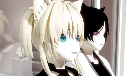 Anime 8K Ultra HD PC desktop wallpaper showing two cat-eared anime girls — a blonde with teal-blue eye and a black-haired girl with violet eye — standing in a minimalist white room.