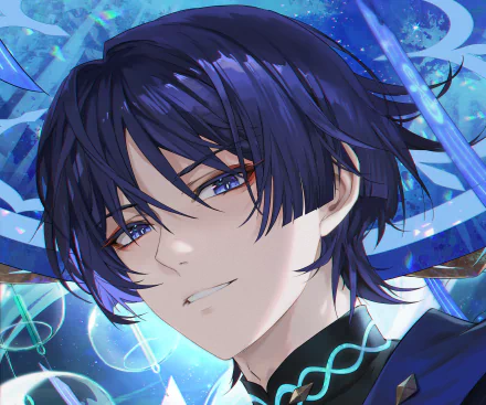 HD PC desktop wallpaper featuring Scaramouche from the video game Genshin Impact with intricate blue and black tones highlighting his detailed design.