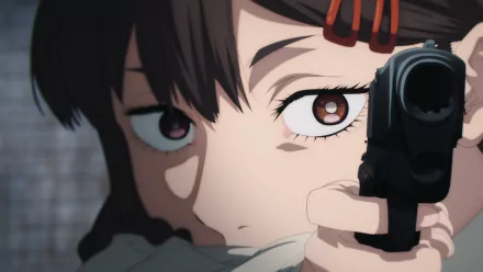 Close-up of Kobeni Higashiyama from the anime Chainsaw Man aiming a handgun, featured as an HD PC desktop wallpaper and background.