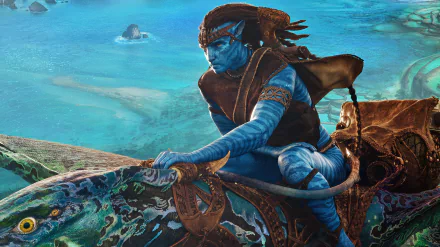 HD desktop wallpaper from the movie Avatar: The Way of Water, featuring a blue-skinned character riding a fantastical marine creature against a vibrant ocean backdrop.