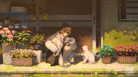 Anime-style 4K Ultra HD desktop wallpaper featuring a girl crouching and interacting with a white cat surrounded by vibrant flowers on a sunny porch.