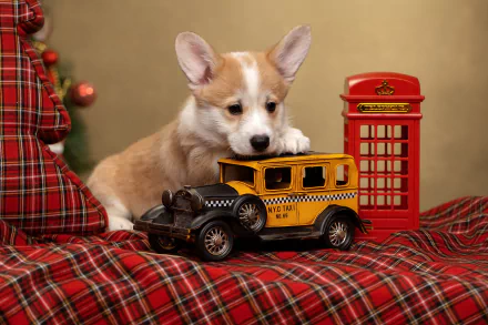 HD PC desktop wallpaper featuring an adorable anime-style corgi puppy playing with a vintage yellow toy taxi and a red British phone booth on a plaid blanket.