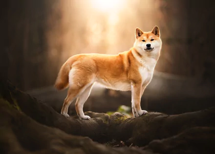 A Shiba Inu dog standing alert on a log in a softly lit forest, captured in stunning 4K Ultra HD for a PC desktop wallpaper.