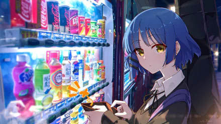 HD desktop wallpaper featuring Ryou Yamada from Bocchi the Rock! standing by a vending machine, surrounded by colorful beverages.