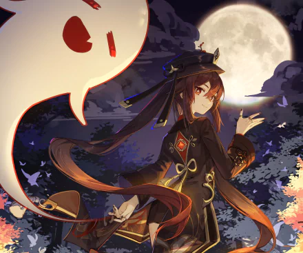 HD PC desktop wallpaper featuring Hu Tao from the video game Genshin Impact, standing against a moonlit night sky with glowing spirits and autumn foliage.