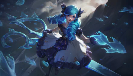 HD PC desktop wallpaper featuring Gwen from the video game League of Legends, showcasing her dynamic pose and glowing scissors in a mystical environment.