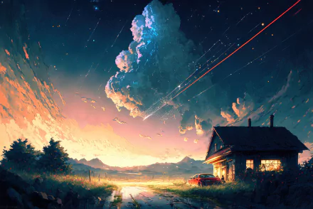 HD anime-style sunset artwork featuring a vibrant sky with clouds and shooting stars above a countryside cabin, created as AI art for a PC desktop wallpaper.