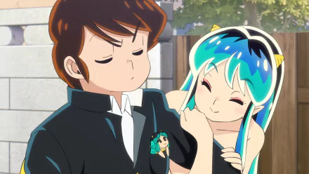 HD PC desktop wallpaper featuring Ataru Moroboshi and Lum from the 2022 anime Urusei Yatsura sharing a playful moment outdoors.