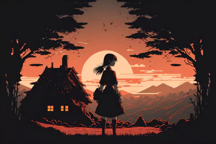 Anime-style girl stands silhouetted against a glowing sunset near a cozy cabin in this 4K Ultra HD AI art desktop wallpaper, blending warm tones with detailed scenery.
