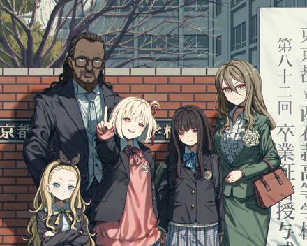 HD desktop wallpaper featuring Mizuki Nakahara, Mika, Takina Inoue, Chisato Nishikigi, and Kurumi from the anime Lycoris Recoil posing together outdoors.