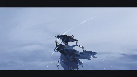 HD desktop wallpaper of Scaramouche from Genshin Impact, featuring the character in dark attire against a misty, ethereal background.