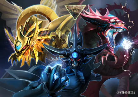 HD anime desktop wallpaper featuring Yu-Gi-Oh! iconic Egyptian God Cards: Obelisk the Tormentor, The Winged Dragon of Ra, and Slifer the Sky Dragon in a dramatic battle pose.