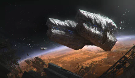 HD desktop wallpaper of a sci-fi themed spaceship soaring above a rugged alien landscape, highlighted by dramatic lighting and a star-strewn sky.