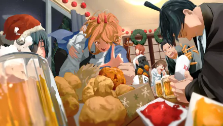 Anime-style 4K Ultra HD Chainsaw Man wallpaper featuring Power and other characters enjoying a festive holiday meal indoors with warm lighting and decorations.
