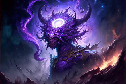 A vivid 8K Ultra HD AI art wallpaper depicting a menacing, otherworldly demon in a cosmic, fantasy space setting with dark, swirling energy and glowing accents.