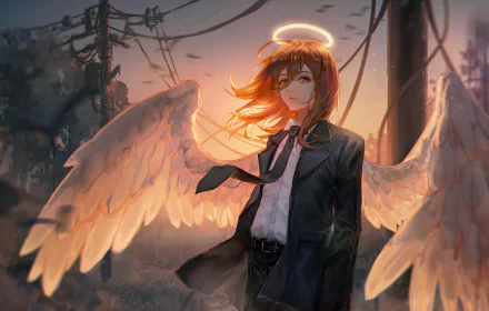 4K Ultra HD anime wallpaper featuring Angel Devil from Chainsaw Man, depicted with glowing wings and halo against an urban backdrop.