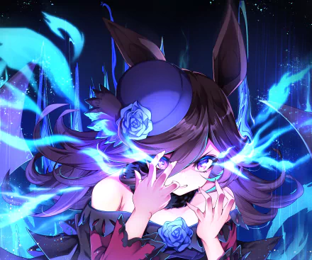 Rice Shower from Uma Musume: Pretty Derby — anime HD PC desktop wallpaper of a horse‑eared girl with flowing hair and vivid blue energy streaming from her eyes and hands.