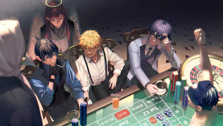 HD anime wallpaper featuring Angel Devil, Denji, and Aki Hayakawa from Chainsaw Man gathered around a casino poker table with dramatic lighting and detailed expressions.