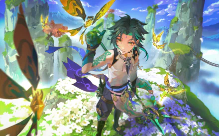 HD PC desktop wallpaper featuring Xiao from the video game Genshin Impact, surrounded by glowing butterflies in a vibrant, floating island landscape.