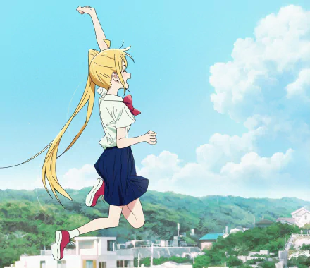 Nijika Ijichi from the anime Bocchi the Rock! running outdoors under a bright blue sky, captured in HD, designed as a PC desktop wallpaper.