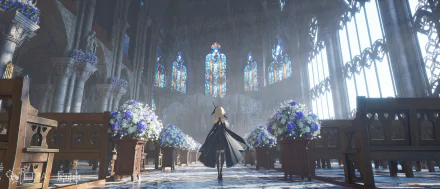 Lumine from Genshin Impact walking down a flower-adorned aisle in a grand, sunlit cathedral, captured in a high-definition PC desktop wallpaper.
