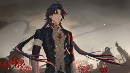 HD PC desktop wallpaper of Blade from the video game Honkai: Star Rail, standing among red spider lilies against a misty battlefield background.