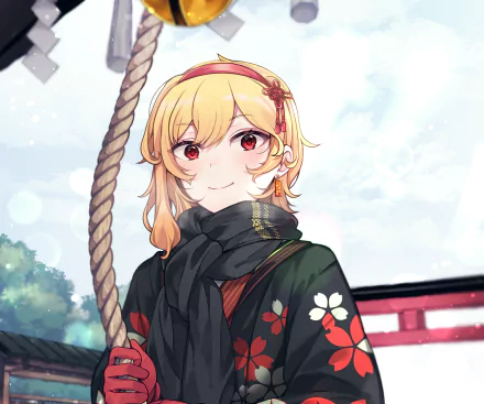 HD PC desktop wallpaper/background of hololive VTuber Kaela Kovalskia: anime portrait with blond hair, red eyes, floral kimono and black scarf before a snowy torii gate.