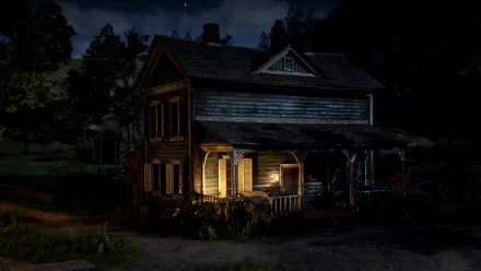 Night scene of a wooden house from Red Dead Redemption 2, rendered in HD for a PC desktop wallpaper and background.