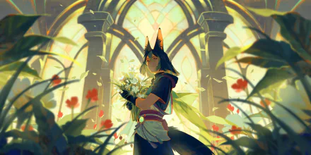 Tighnari (Genshin Impact) standing in a sunlit, cathedral-like greenhouse holding white flowers, fox ears and tail visible — 2K Quad HD PC desktop wallpaper/background, vibrant warm lighting.