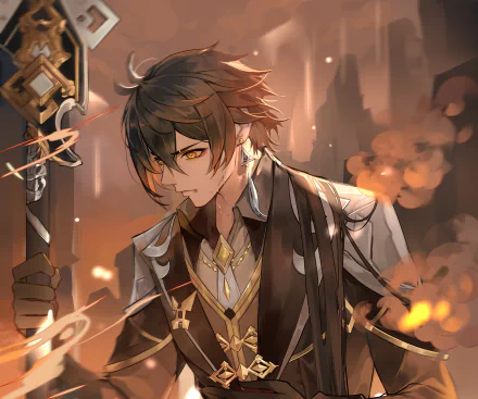 HD PC desktop wallpaper of Zhongli from Genshin Impact, featuring the character in intricate attire with a dramatic fiery background.