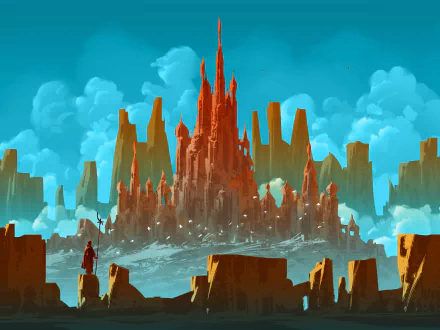HD PC desktop wallpaper and background of a fantasy city: towering crimson spires rising from a rocky island beneath teal skies, ringed by jagged cliffs.