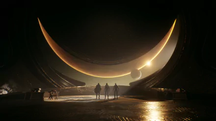 A 4K Ultra HD PC desktop wallpaper from the video game Dune: Awakening, depicting three figures standing inside a massive, curved structure with a glowing crescent and planets in the sky.
