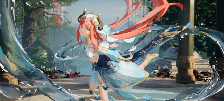 HD PC desktop wallpaper featuring Nilou from the video game Genshin Impact, depicted in a dynamic pose with flowing attire and a detailed outdoor background.