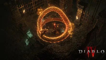 HD desktop wallpaper from Diablo IV featuring a dramatic battle scene with a hero casting a fiery magical spell in a gloomy dungeon setting.