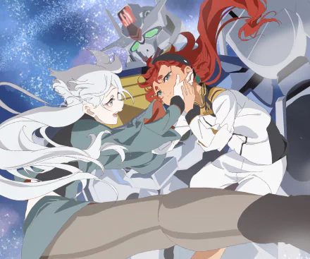 HD anime desktop wallpaper featuring Suletta Mercury and Miorine Rembran from Mobile Suit Gundam: The Witch from Mercury in a dynamic space scene.