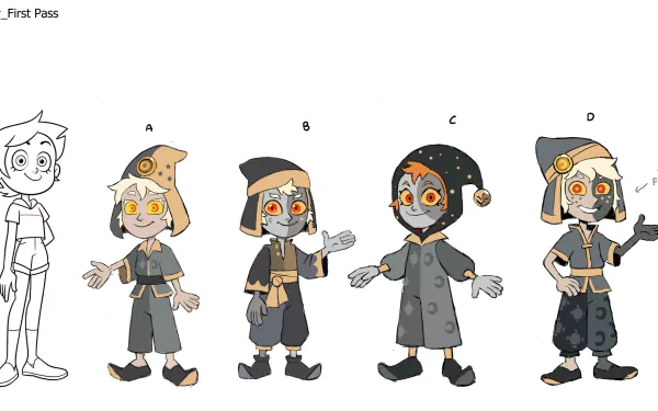 HD PC desktop wallpaper/background of The Collector (The Owl House) from the TV show — four stylized outfit and expression variants on a white character-sheet layout.