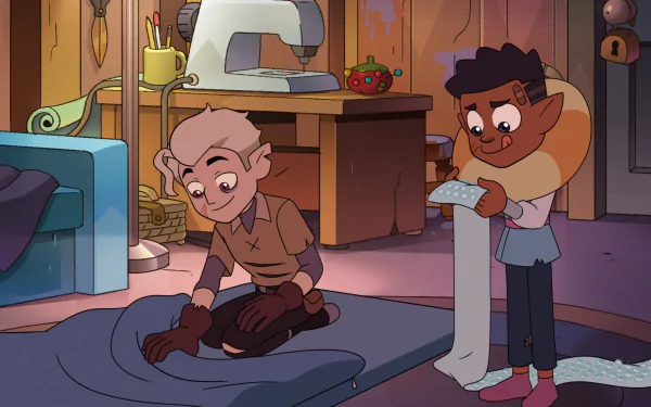 HD PC desktop wallpaper of The Owl House: Gus Porter kneeling on fabric as Hunter measures a long strip near a sewing machine in a cozy craft room.