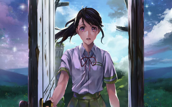 Suzume Iwato (Suzume no Tojimari) in school uniform stands in an open doorway beneath a vivid sky — 4K Ultra HD anime PC desktop wallpaper.