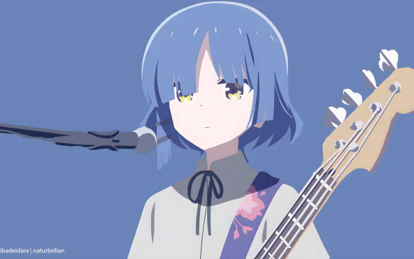 Ryou Yamada from Bocchi the Rock! illustrated in a vibrant 4K Ultra HD anime-style wallpaper, featuring her with a bass guitar and microphone.