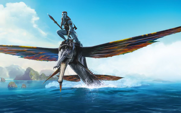 8K Ultra HD desktop wallpaper featuring a scene from the movie Avatar: The Way of Water, showing a character riding a flying creature over the ocean.