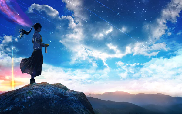 HD anime desktop wallpaper featuring Suzume Iwato from Suzume no Tojimari standing on a rock against a vivid sky with clouds, stars, and shooting stars.