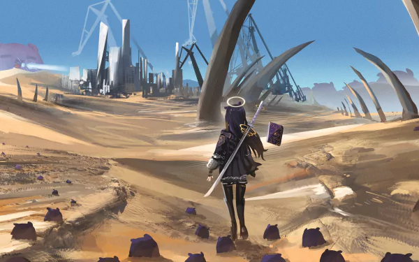 HD PC desktop wallpaper featuring Ninomae Ina'nis from hololive, depicted as an anime-style Virtual YouTuber standing in a vast, futuristic desert landscape.