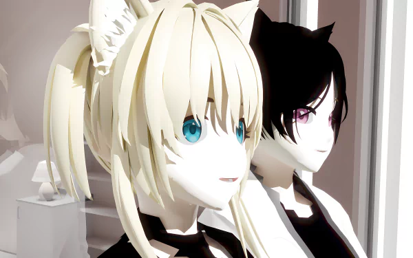 Anime 8K Ultra HD PC desktop wallpaper showing two cat-eared anime girls — a blonde with teal-blue eye and a black-haired girl with violet eye — standing in a minimalist white room.