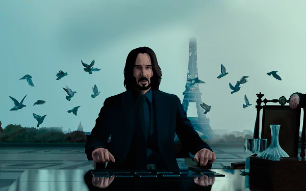 5K UHD PC desktop wallpaper of a brooding, suited man with shoulder-length hair seated at a reflective table, birds rising and a misty tower behind, cinematic action‑movie atmosphere.