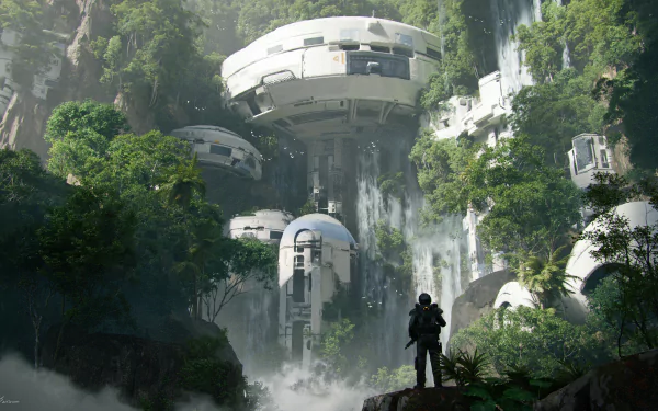 4K Ultra HD PC desktop wallpaper background: sci-fi exploration scene of a lone silhouetted explorer overlooking towering white dome habitats amid misty waterfalls and verdant cliffs.