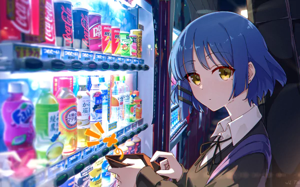 HD desktop wallpaper featuring Ryou Yamada from Bocchi the Rock! standing by a vending machine, surrounded by colorful beverages.