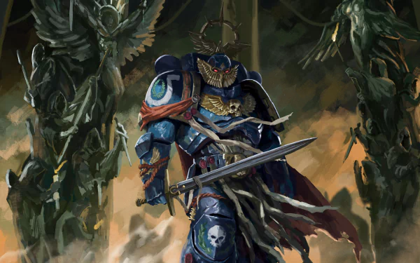 HD PC desktop wallpaper featuring a Warhammer 40k video game character wielding a sword amidst dark, atmospheric surroundings.