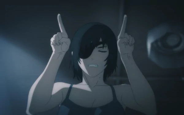 Himeno (Chainsaw Man) anime HD PC desktop wallpaper: eyepatch-wearing Himeno in dim blue light, sleeveless top, smiling and raising both index fingers like horns.
